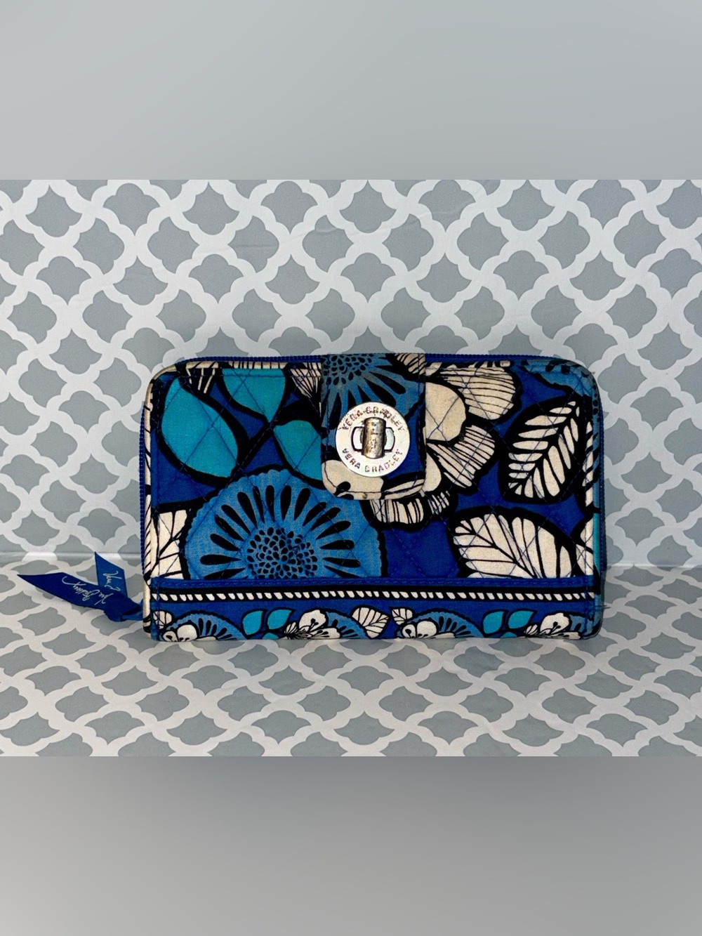 Vera Bradley Blue Floral Quilted Zip Wallet with Turn-Lock Accent